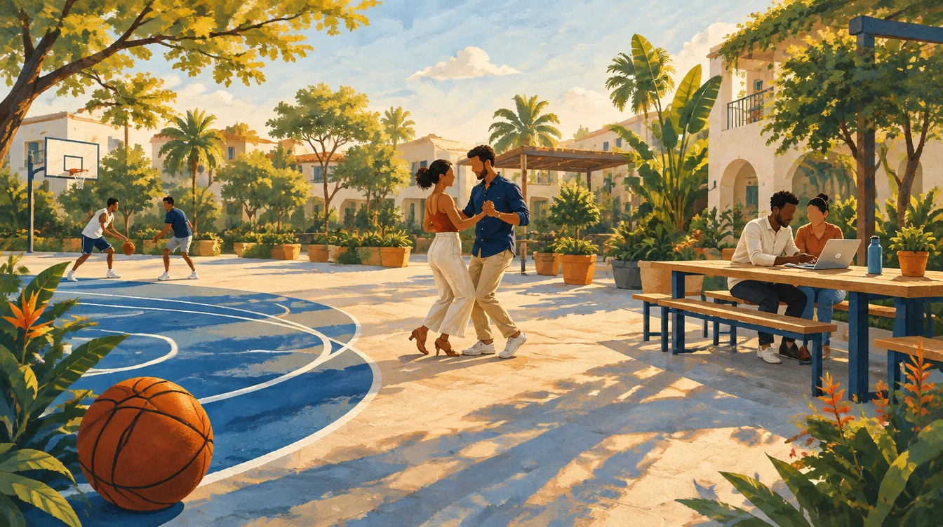 Illustration of a shared courtyard with basketball, bachata dancing, and people learning together at a laptop.