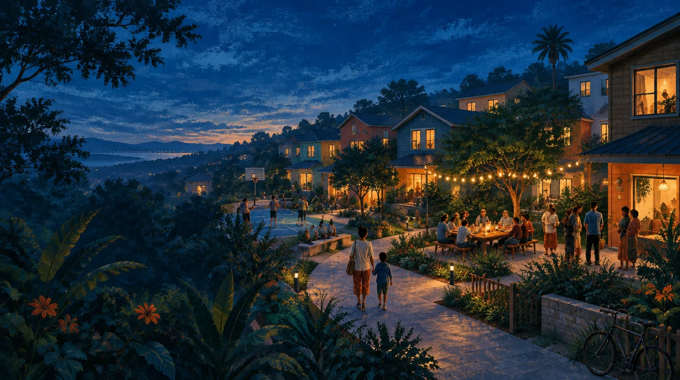 Illustration of an evening neighborhood with welcoming homes, neighbors sharing a meal, and a community basketball court.